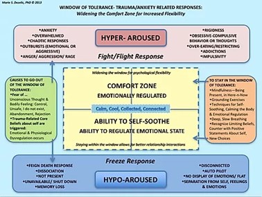 “Window of Tolerance” is a term coined by Dr. Dan Siegel. It explains the normal brain/physiology reaction responses, as well in trauma-informed. Dezelic, M. (2013) Window of tolerance- Trauma/anxiety related responses: widening the comfort zone for increased flexibility. Retrieved from: https://www.drmariedezelic.com/window-of-tolerance--traumaanxiety-rela
